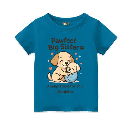 Indigo t-shirt with cartoon dogs and text 'Pawfect Big Sister' Always there for you
