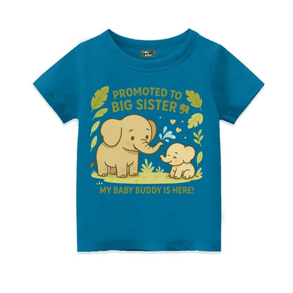 Indigo t-shirt with elephant design and text 'Promoted to Big Sister' with My Baby Buddy is Here!