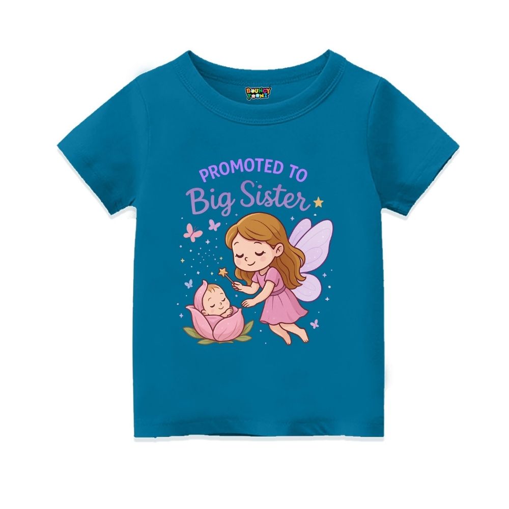 Indigoblue t-shirt with fairy and baby graphic and 'Promoted to Big Sister' text 