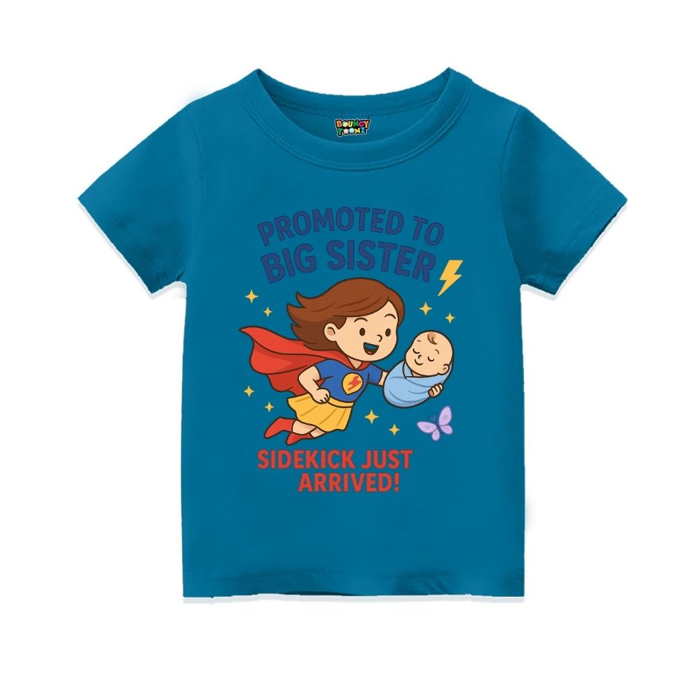 Indigoblue t-shirt with superhero design and text 'Promoted to Big Sister, Sidekick Just Arrived!' 