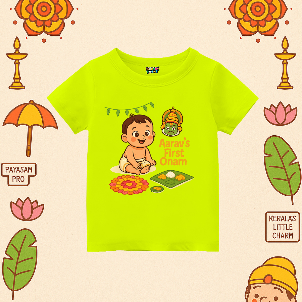 First Onam Special Print with Pookalam Kathakali Sadya Kids Tshirt  Neongreen