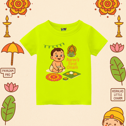 First Onam Special Print with Pookalam Kathakali Sadya Kids Tshirt  Neongreen
