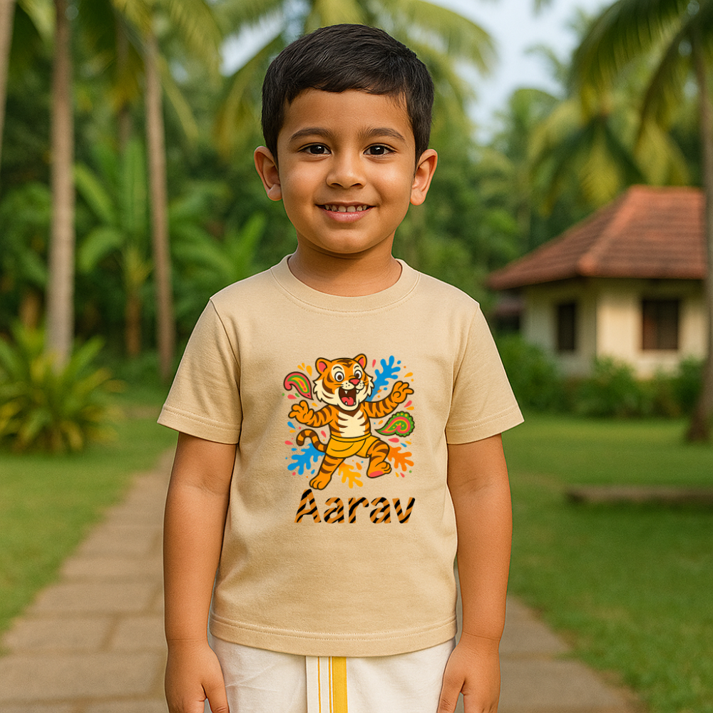 Kids Beige t-shirt tiger design Onam Special Pulikali Print