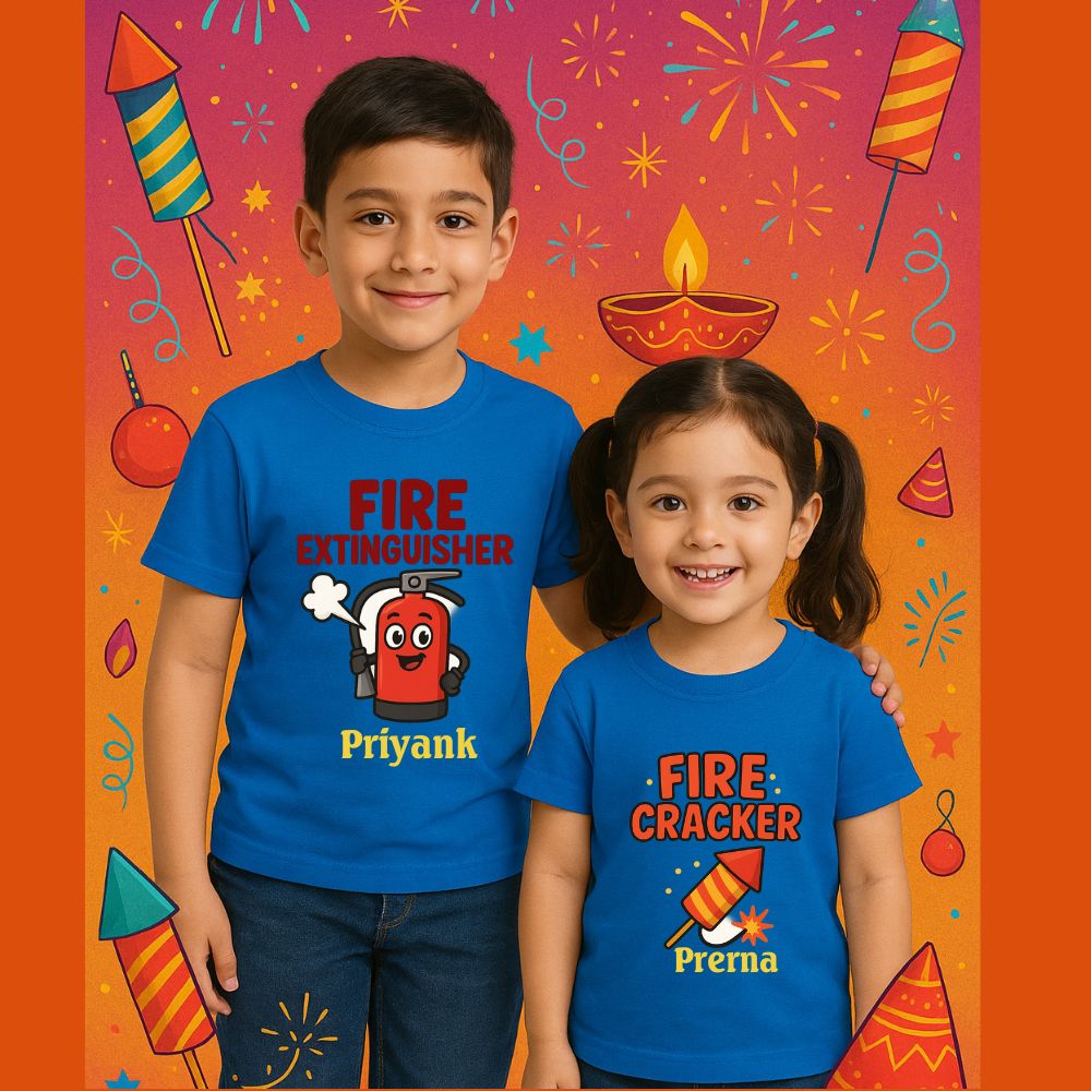 Kids Diwali matching Royalblue tshirts with Fire Extinguisher and Fire Cracker Text