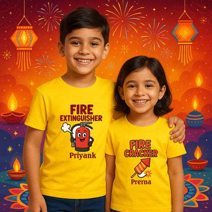 Kids Diwali matching yellow tshirts with Fire Extinguisher and Fire Cracker Text