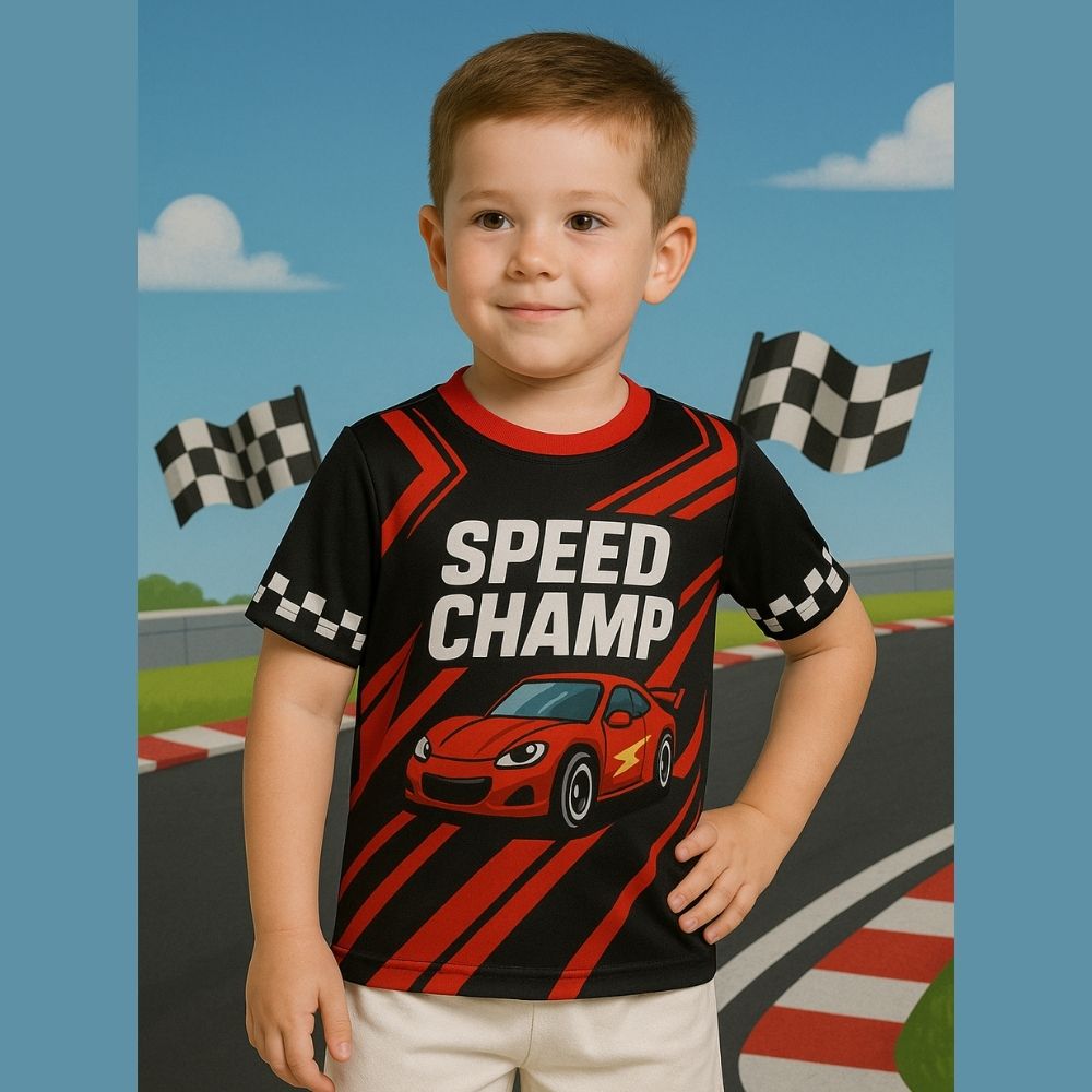 Kids Jersey Black Red Colour with 'Speed Champ' text and a car graphic