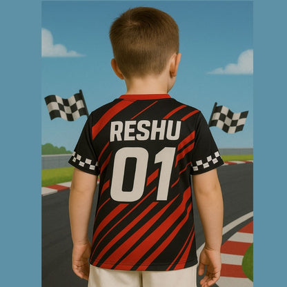 Kids Jersey Black Red Colour with 'Speed Champ' text and a car graphic Back Side Name and Number Printed