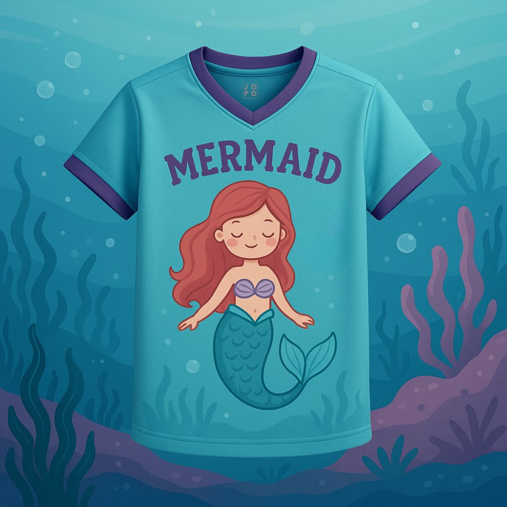 Kids Jersey mermaid design and 'Mermaid' text 