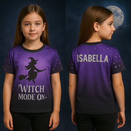 Kids Jersey purple with 'Witch Mode On' design and 'Isabella' on the back 