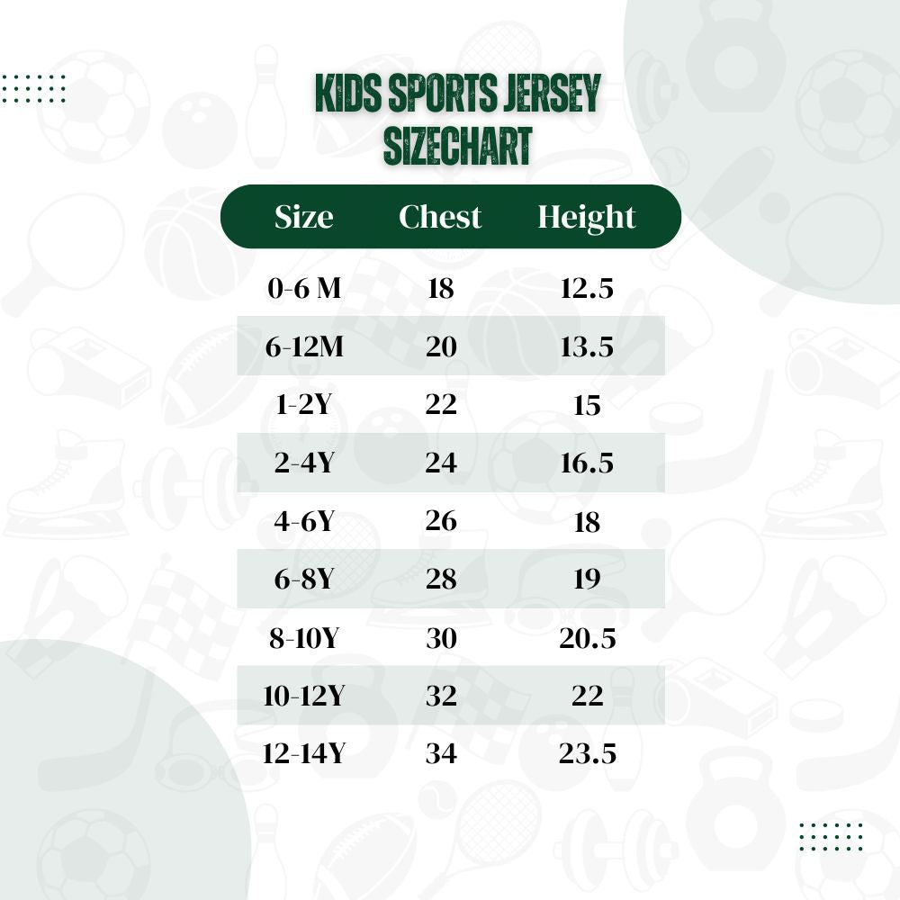 Kids sports jersey size chart with chest and height measurements.