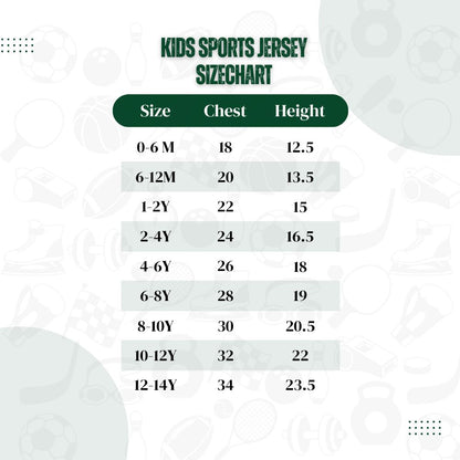 Kids sports jersey size chart with chest and height measurements.
