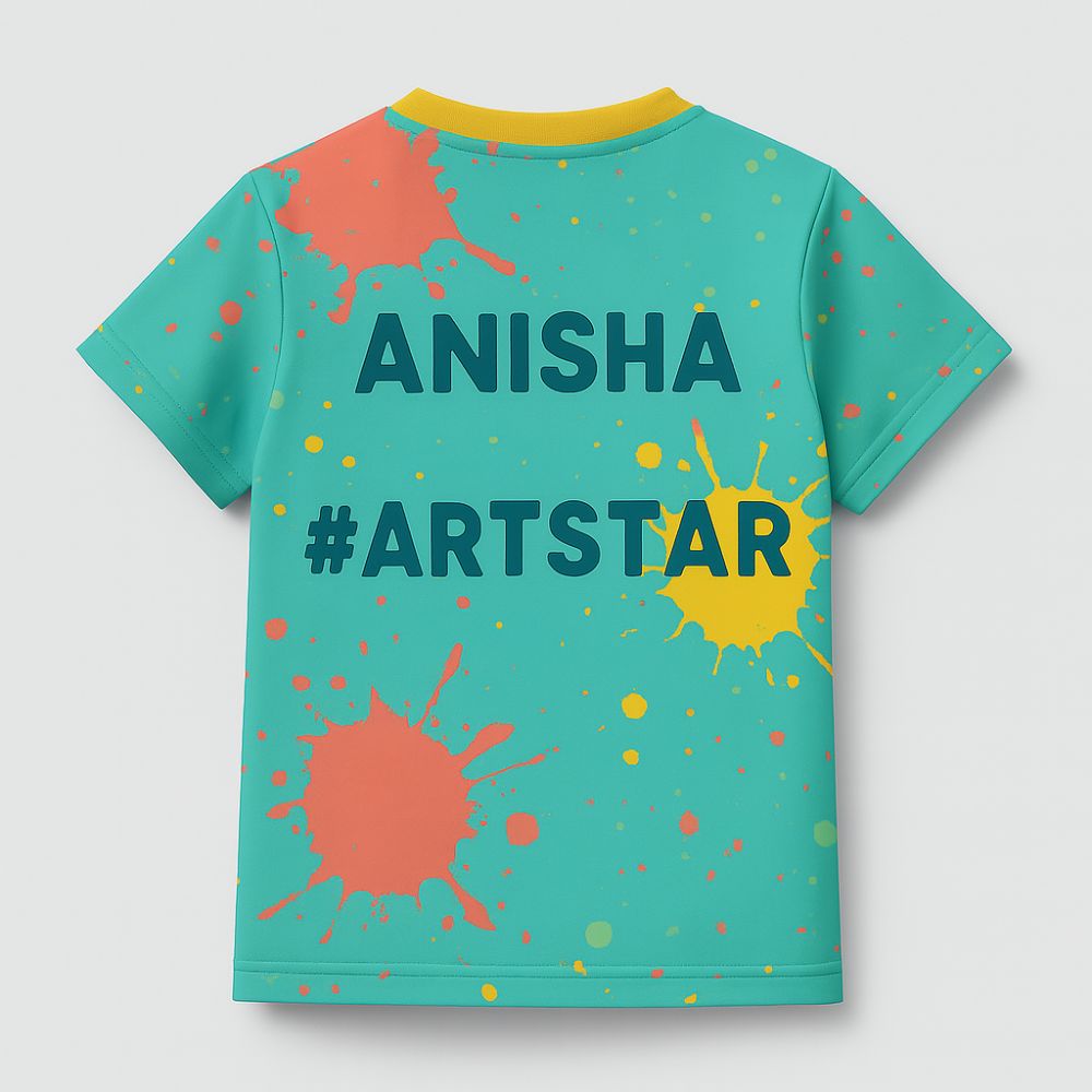 Kids Jersey with colorful splashes and 'ANISHA #ARTSTAR' text 