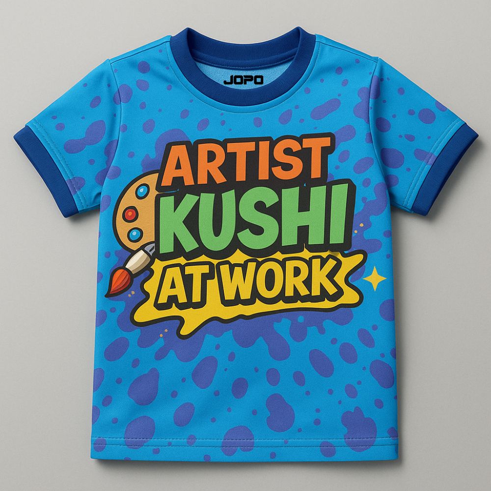 Blue Kids Jersey with colorful text and design 