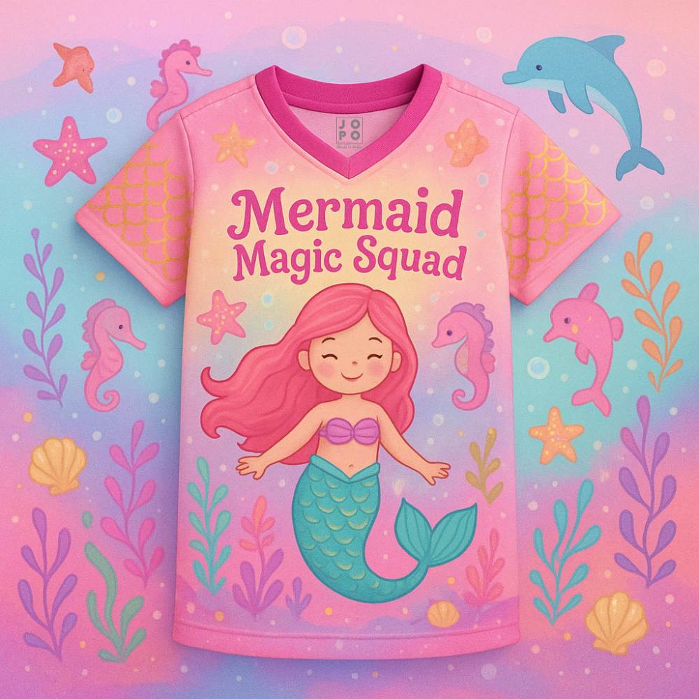 Kids Jersey with mermaid design and 'Mermaid Magic Squad' text 