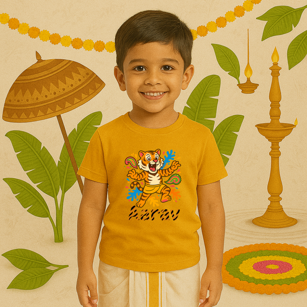 Kids Mustard t-shirt tiger design Onam Special Pulikali Print