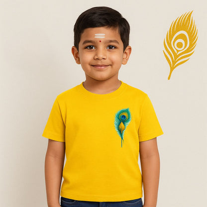Kids Mustard t-shirt with a peacock feather design 