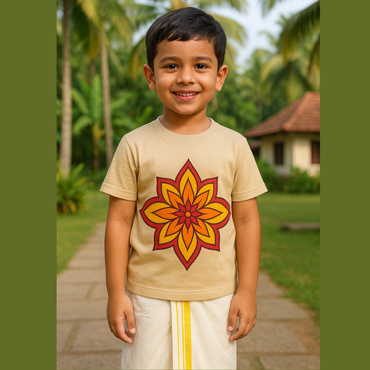 Kids beige t-shirt with a colorful flower design for Onam Special