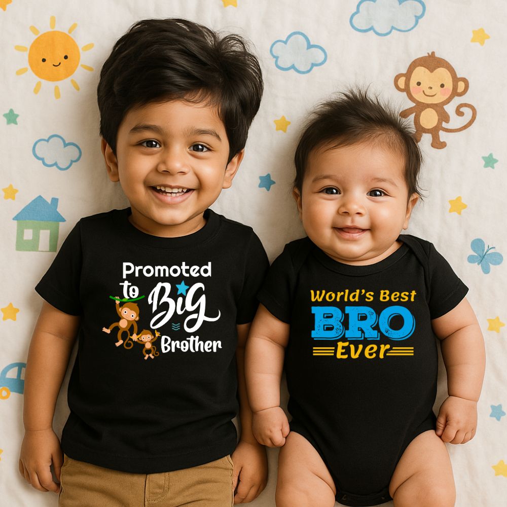 Kids black T shirts with Onsie humorous brother-themed text 