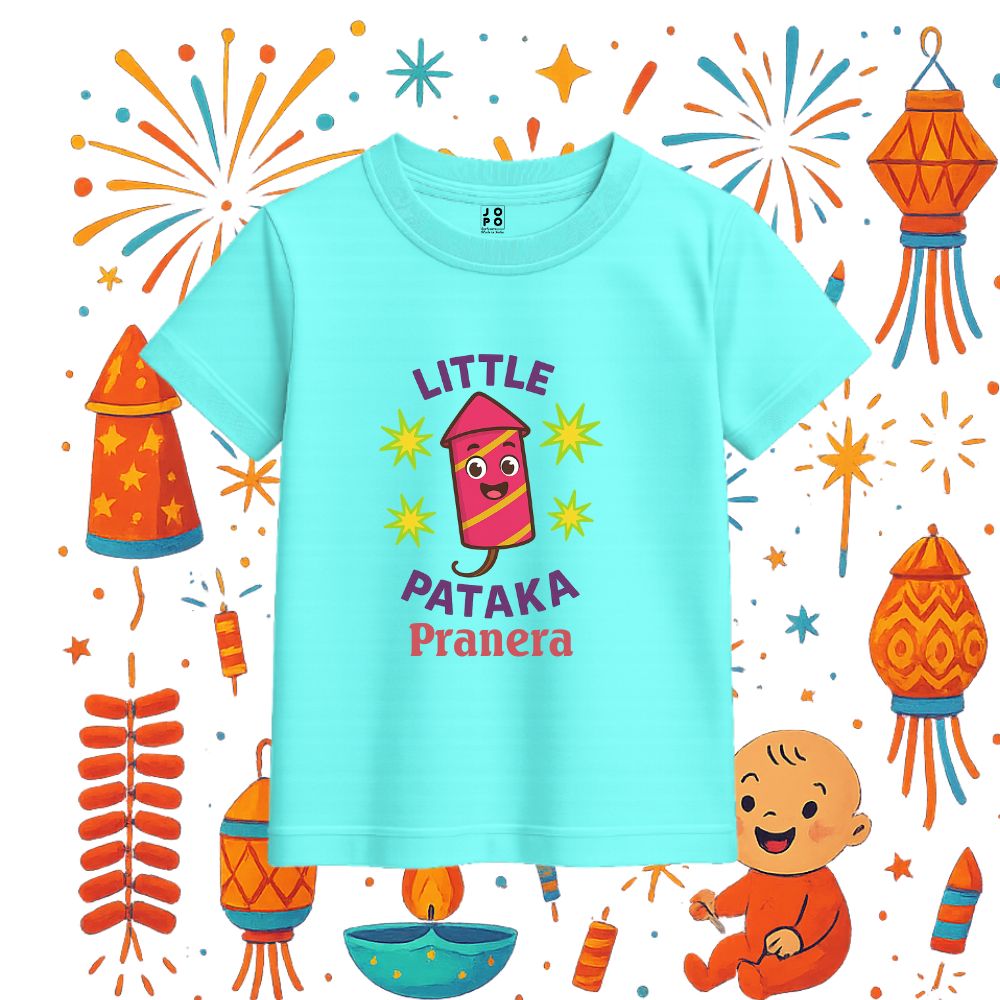 Kids t-shirt with 'Little Pataka' Text and Rocket Cartoon design Aquablue