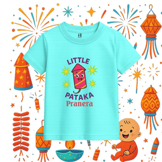 Kids t-shirt with 'Little Pataka' Text and Rocket Cartoon design Aquablue