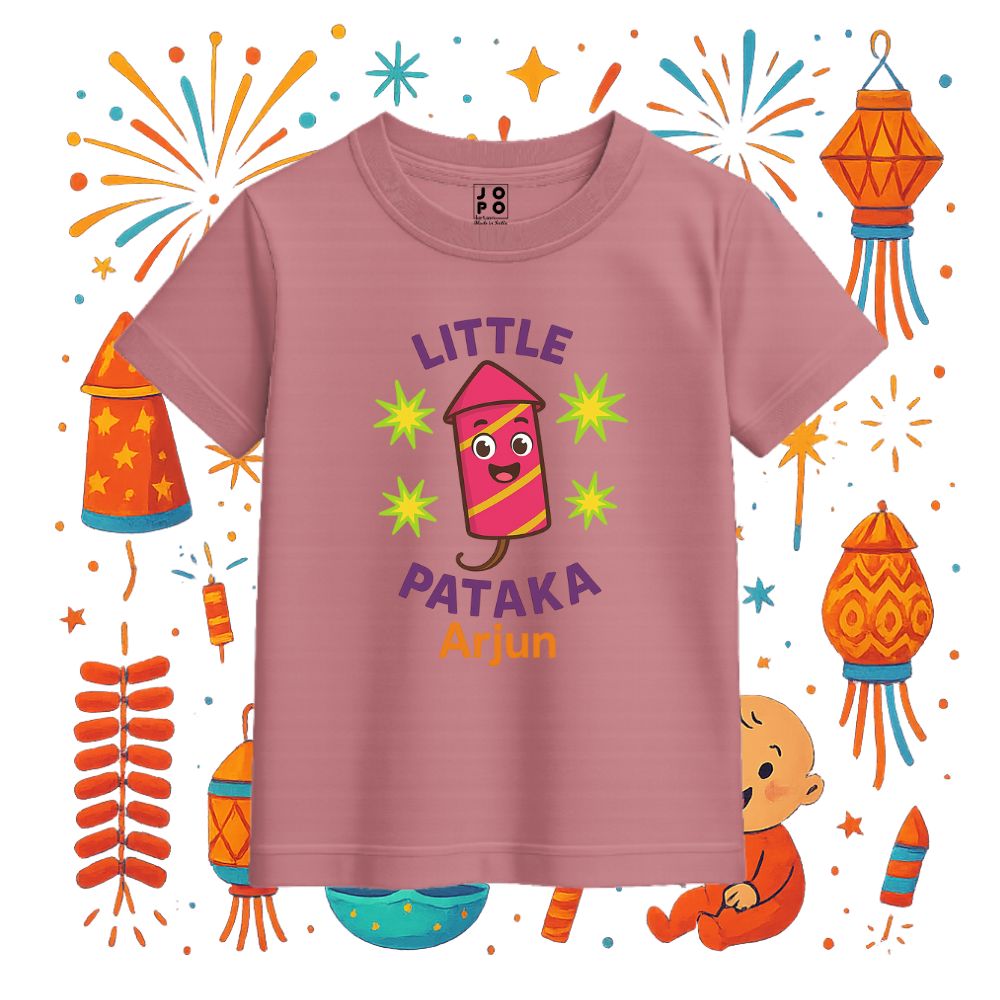 Kids t-shirt with 'Little Pataka' Text and Rocket Cartoon design Plum