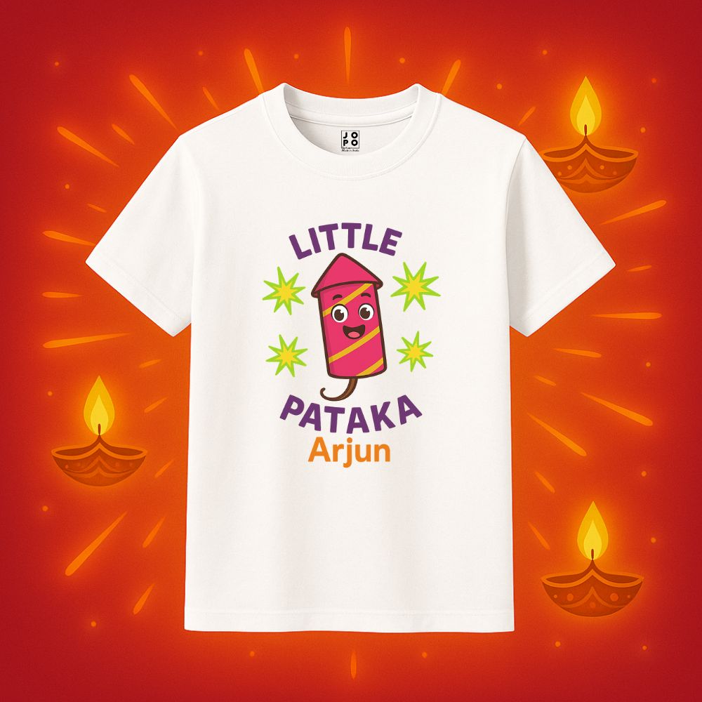 Kids t-shirt with 'Little Pataka' Text and Rocket Cartoon design White