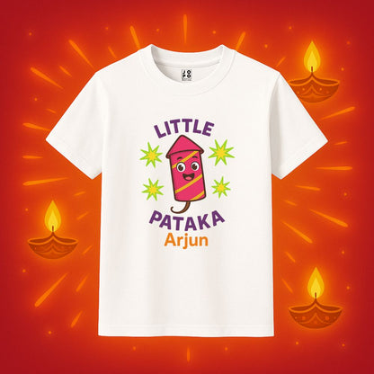 Kids t-shirt with 'Little Pataka' Text and Rocket Cartoon design White