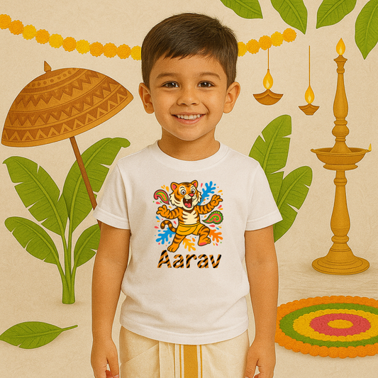 Kids white t-shirt tiger design Onam Special Pulikali Print