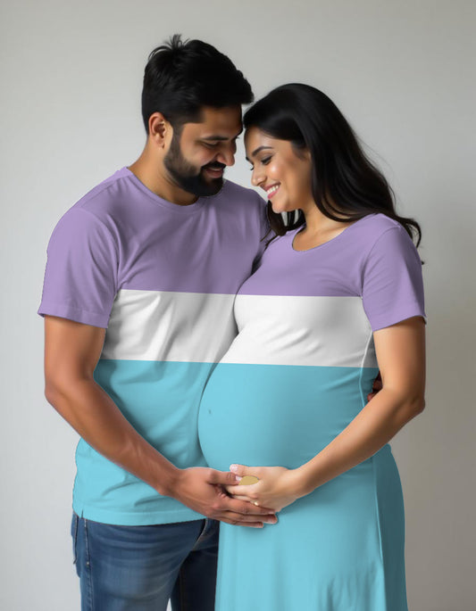 Maternity Couple matching color block T-shirt and Dress Lavender-White-Aquablue