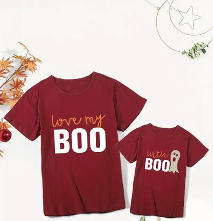 Maroon Matching tshirts text 'love my BOO' and 'little BOO'