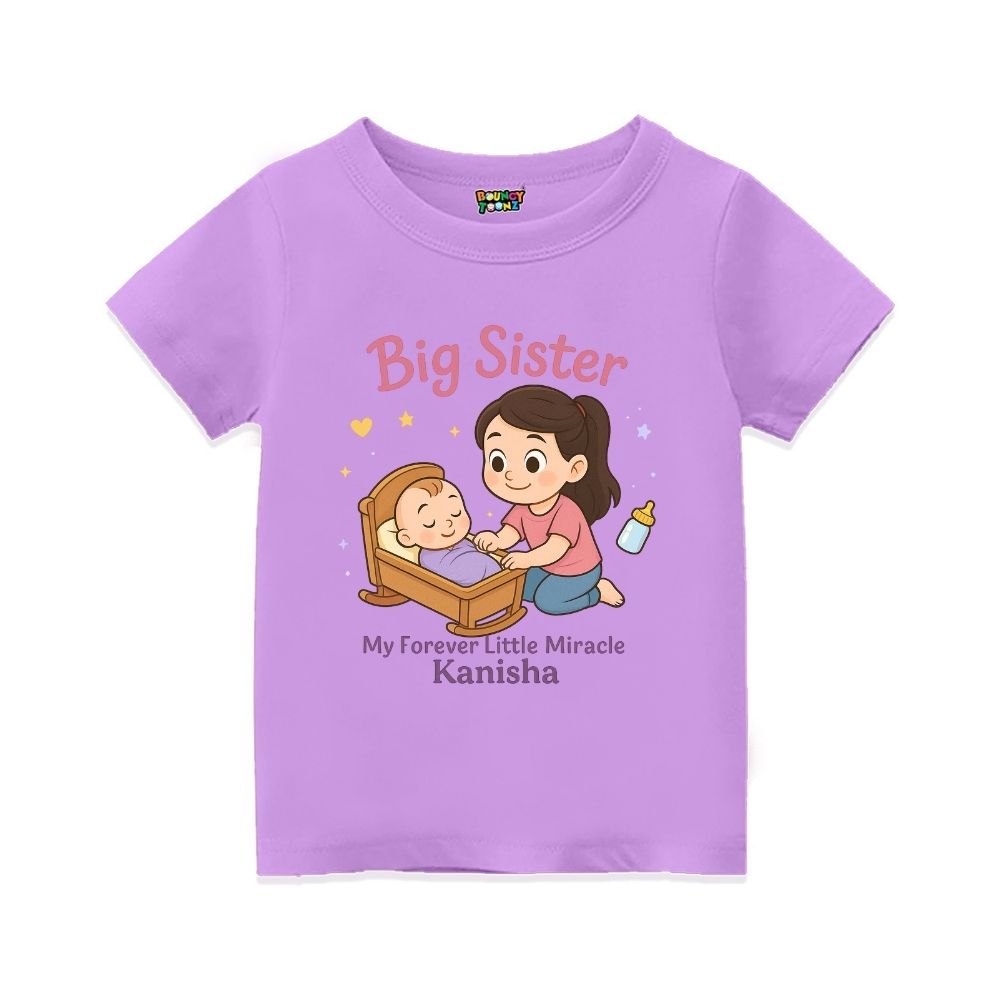 Lavender 'Big Sister' t-shirt with personalized text "My Forever Little Miracle"