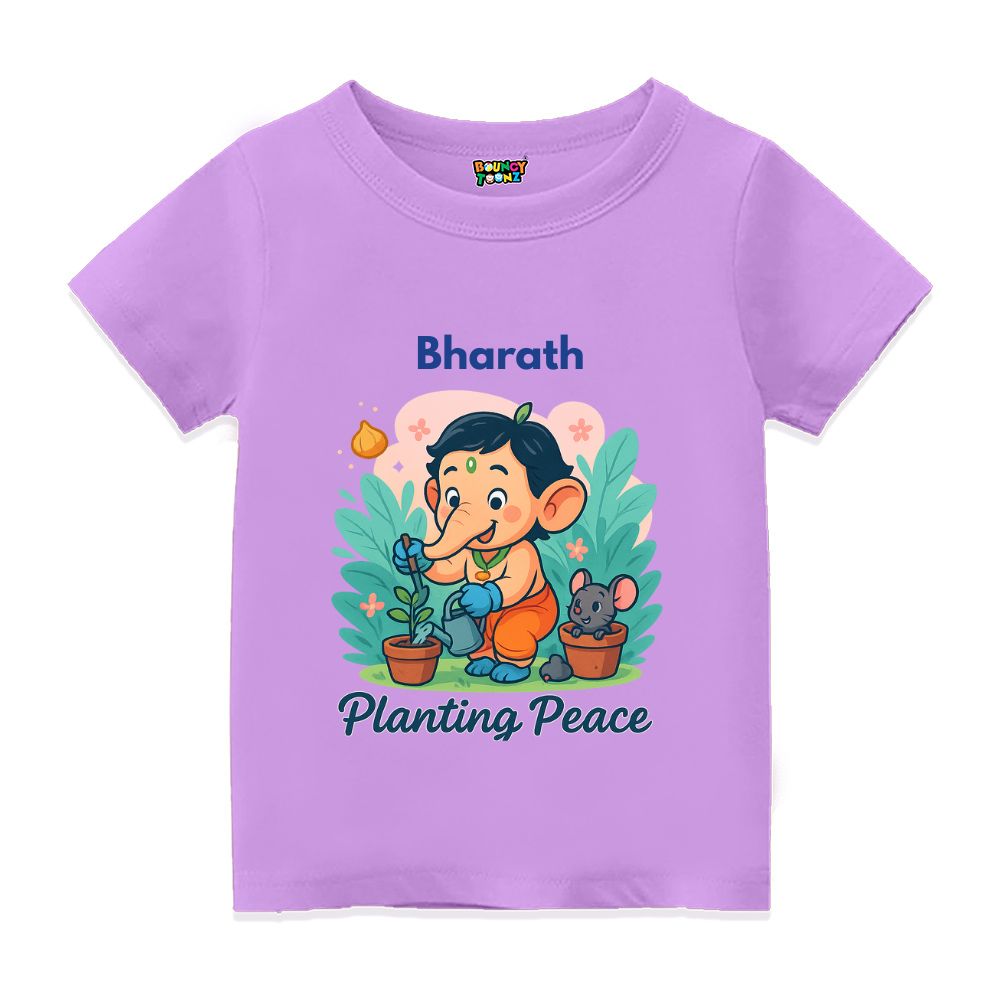 Lavender Kids t-shirt with text 'Planting Peace' 