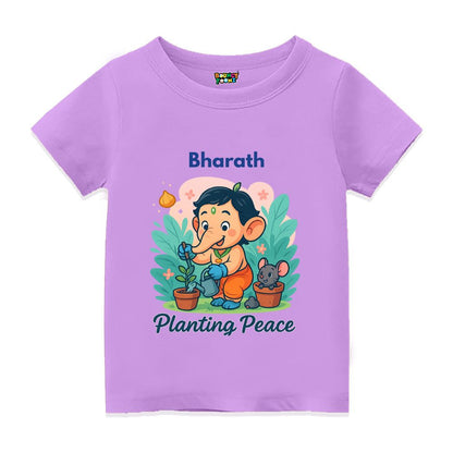 Lavender Kids t-shirt with text 'Planting Peace' 