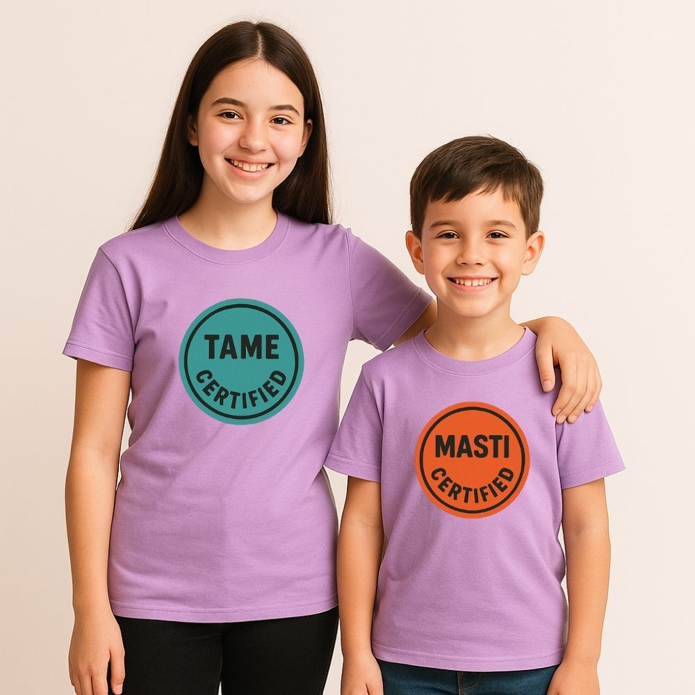 Celebrate Rakshabandhan 2025 with custom kids’ tees – ‘Masti Certified’ in blue and ‘Tame Certified’ in pink, the perfect Rakhi gift for siblings!