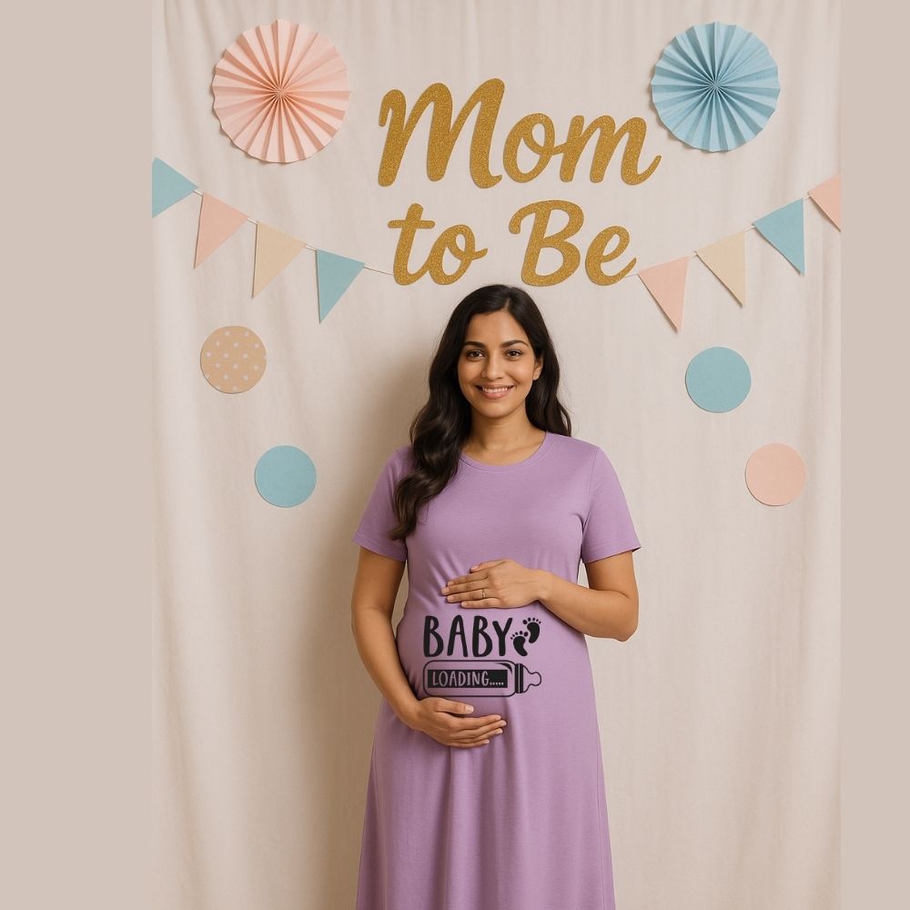 Lavender Maternity Dress, 'Baby Loading' text and Feeding Bottle, Baby Footprint design