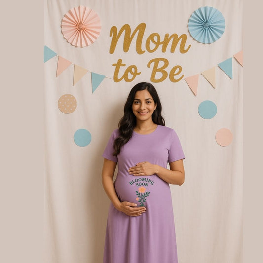 Lavender Maternity Dress with 'Blooming Soon' text with Plant Flower design printed