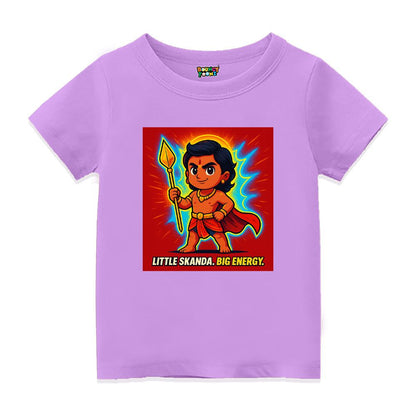 Lavender T-shirt with text 'Little Skanda. Big Energy' 