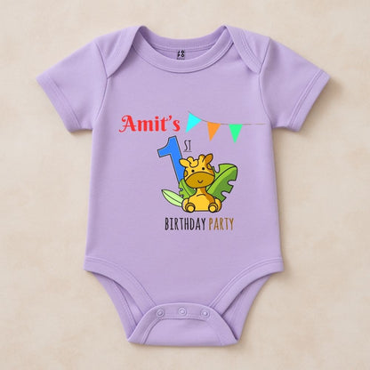 Lavender baby onesie with a giraffe design and Birthday Party text 