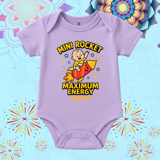 Lavender baby onesie with a rocket design and text 