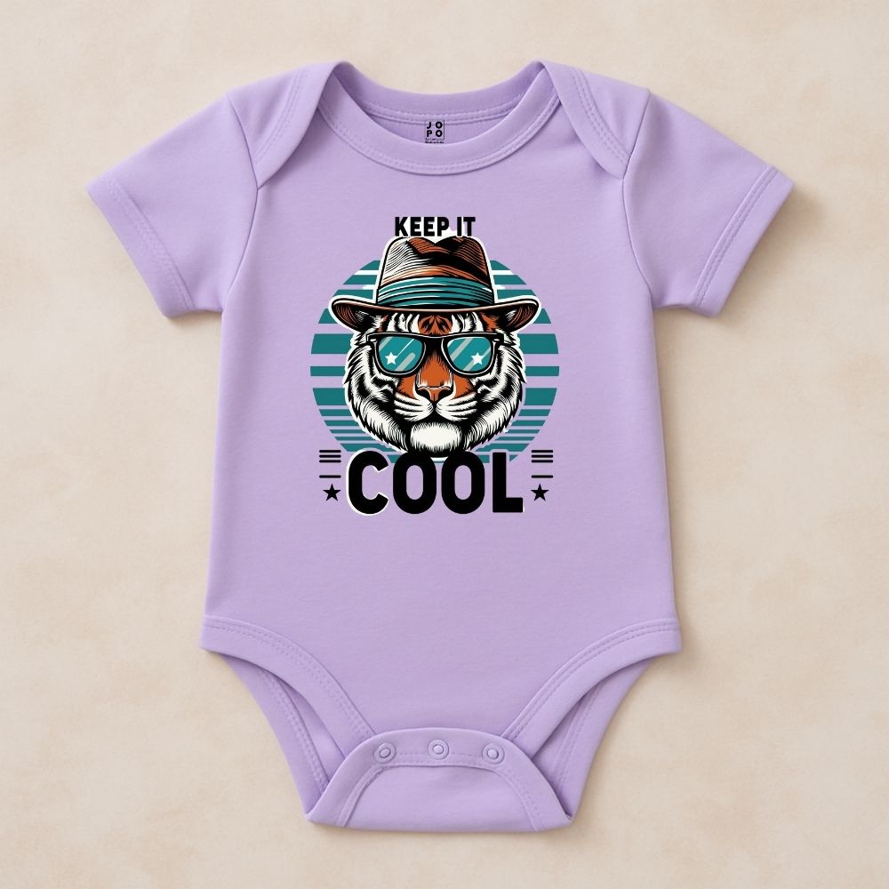 Lavender baby onesie with a tiger graphic and 'Keep it Cool' 