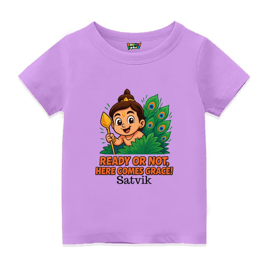 Lavender t-shirt, Balamurugan with vel and feather design and text  'Ready or Not, Here Comes Grace'! 