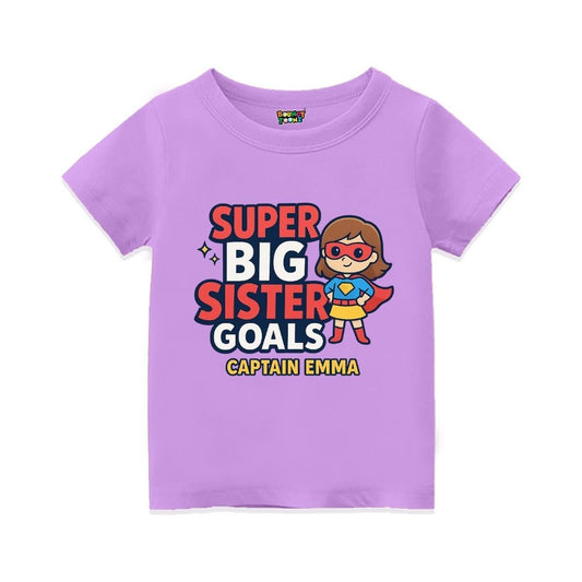 Lavender t-shirt,  superhero design printed with "Super Big Sister Goals" and Captain text