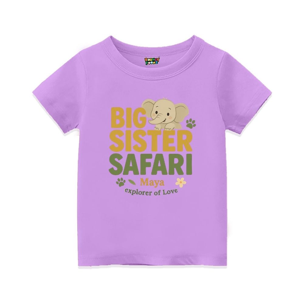 Lavender  t-shirt with 'Big Sister Safari' text and elephant graphic