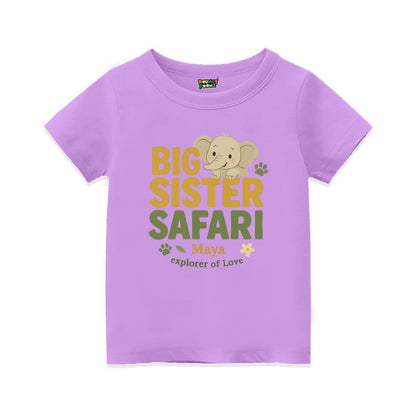Lavender  t-shirt with 'Big Sister Safari' text and elephant graphic