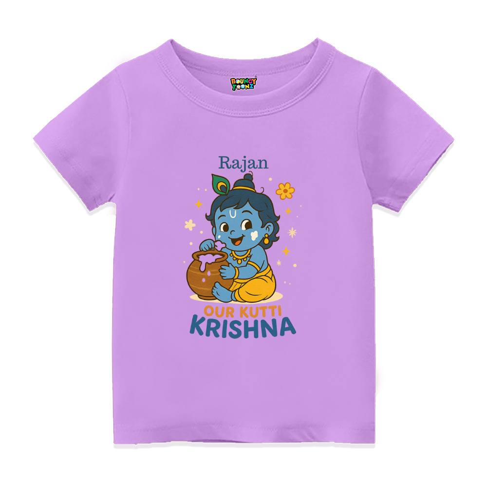 Lavender t-shirt with Krishna cartoon character and 'Our Kutti Krishna' text