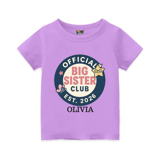 Lavender t-shirt with 'Official Big Sister Club' Text and Badge design 