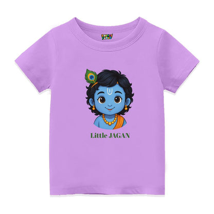 Lavender t-shirt with a cartoon character of Little Jagan Text