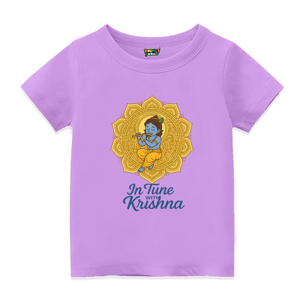 Lavender t-shirt with a mandala design and 'In Tune with Krishna' text 