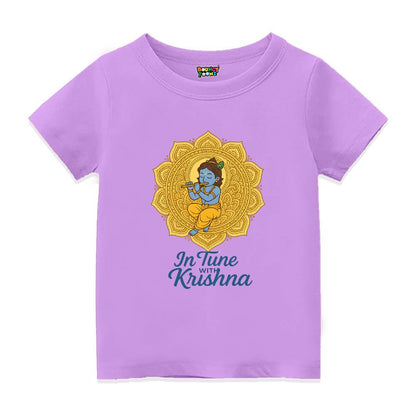 Lavender t-shirt with a mandala design and 'In Tune with Krishna' text 