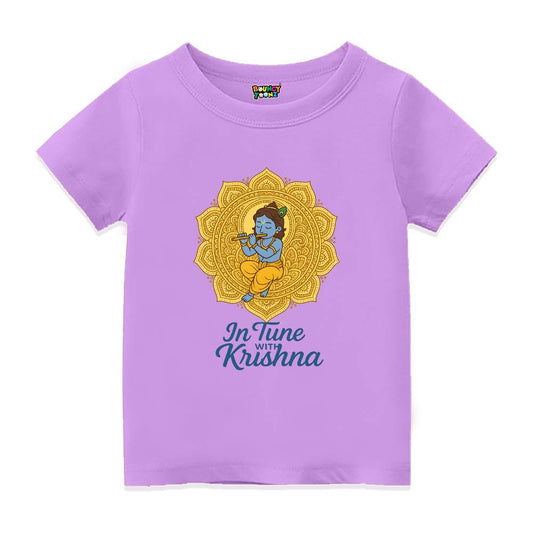 Lavender t-shirt with a mandala design and 'In Tune with Krishna' text 
